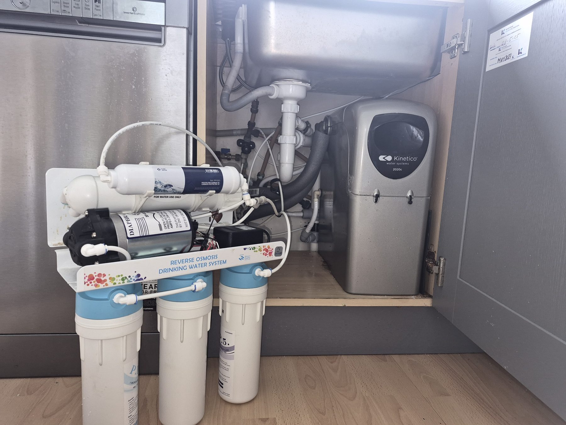 A Keystone Water reverse osmosis drinking-water system installed under a kitchen sink